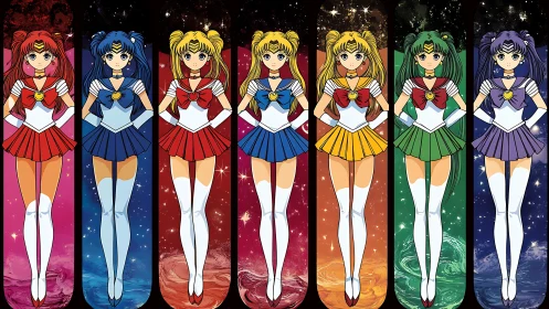 Anime sailor warriors in vertical cosmic panel alignment.
