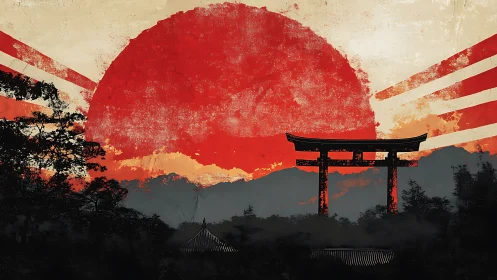 Torii gate silhouette stands before distressed red sun