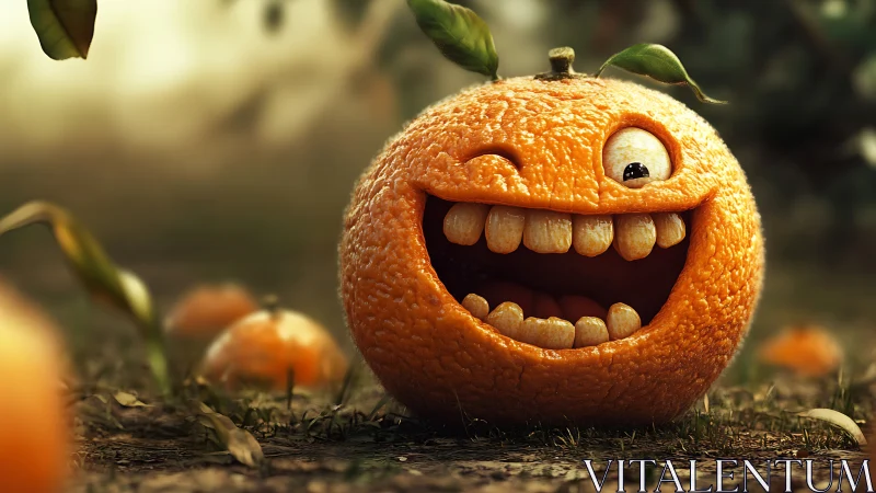 Smiling cartoon orange with big teeth on forest floor.