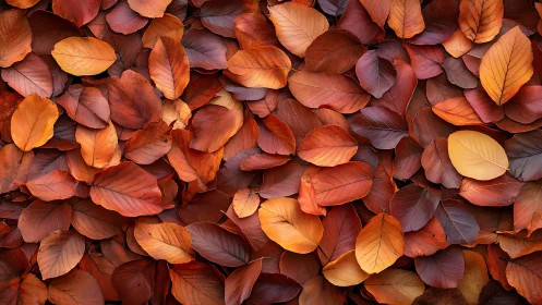 Cozy carpet of autumn leaves in warm rust and gold tones.