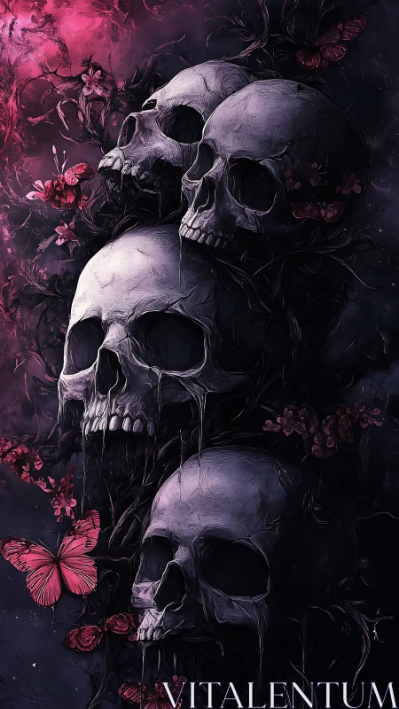 Four human skulls stack amid dark vines and pink butterflies