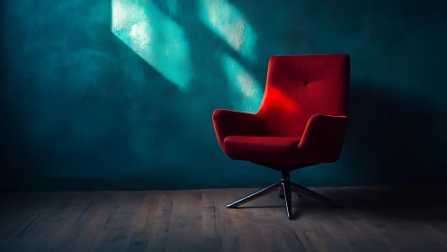 Red lounge chair in moody teal interior lighting setup.