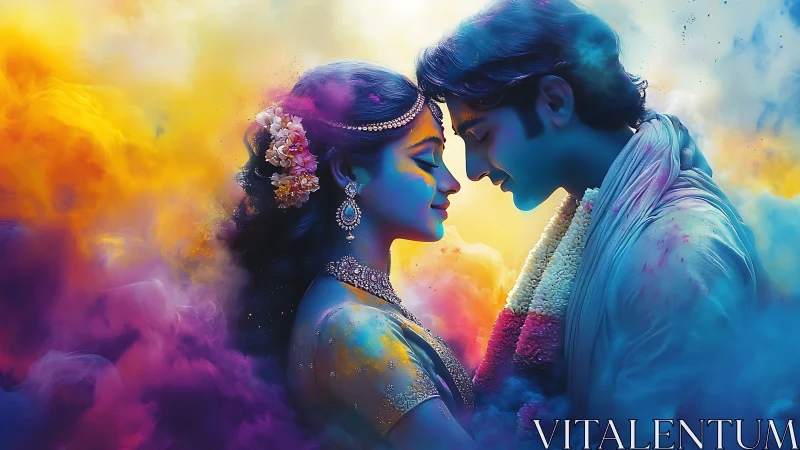 Indian bride and groom rendered in vibrant digital painting with ornamental details