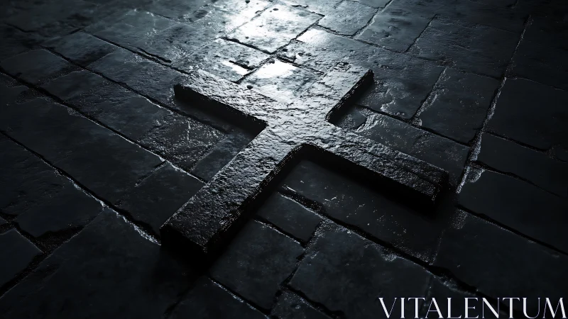 Stone cross in wet cobblestone floor under dramatic light.