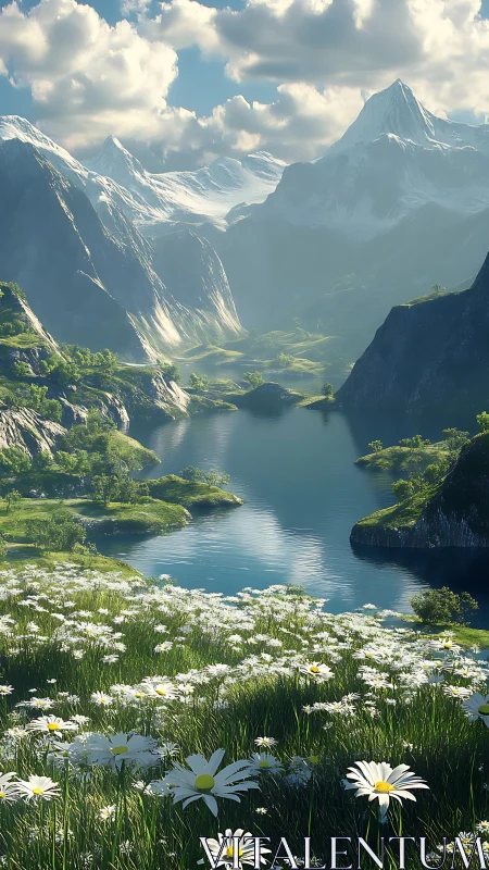 Alpine lake valley glows beneath snowcapped peaks at sunrise.