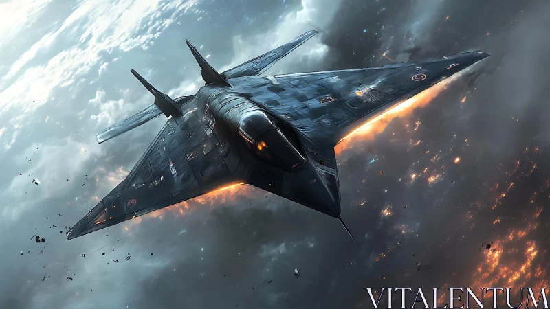 Futuristic stealth aircraft flies above clouds and burning debris