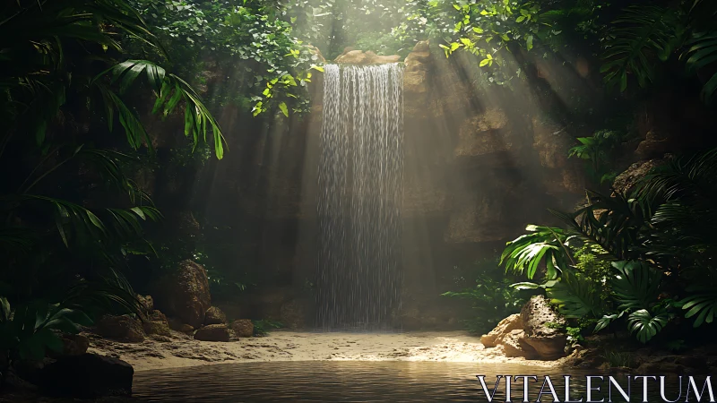 Sunlit jungle waterfall spilling into secluded sand pool.