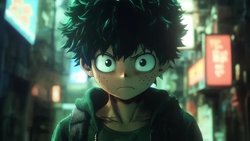 Determined green-haired boy stands brave in neon city night.