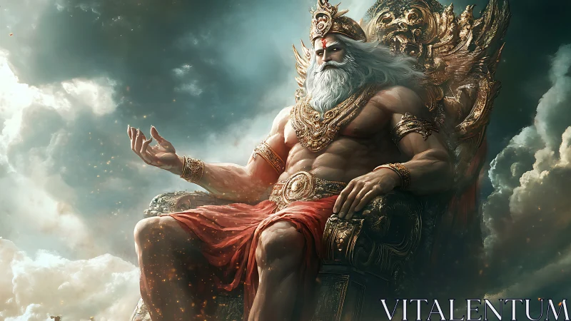 Mythic sky king seated on ornate golden throne.