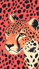 Graphic cheetah portrait on bold coral spotted backdrop.