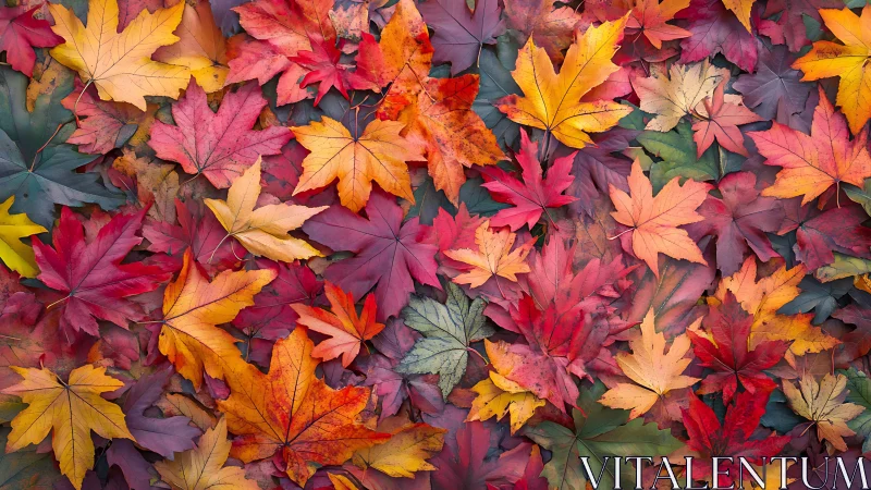 Crimson and gold maple leaves quilt the forest floor in autumn.