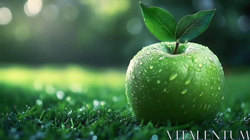 Dew kissed green apple rests on vivid sunlit garden grass