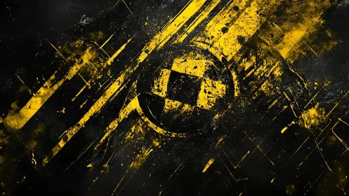 Industrial hazard emblem in fractured yellow abstraction.