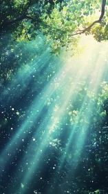 Sunlight beams piercing dense green forest canopy.