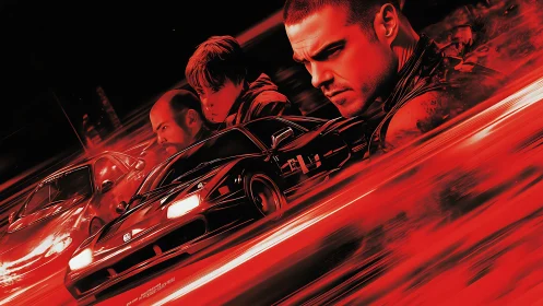 Red digital poster with racing cars and intense drivers.