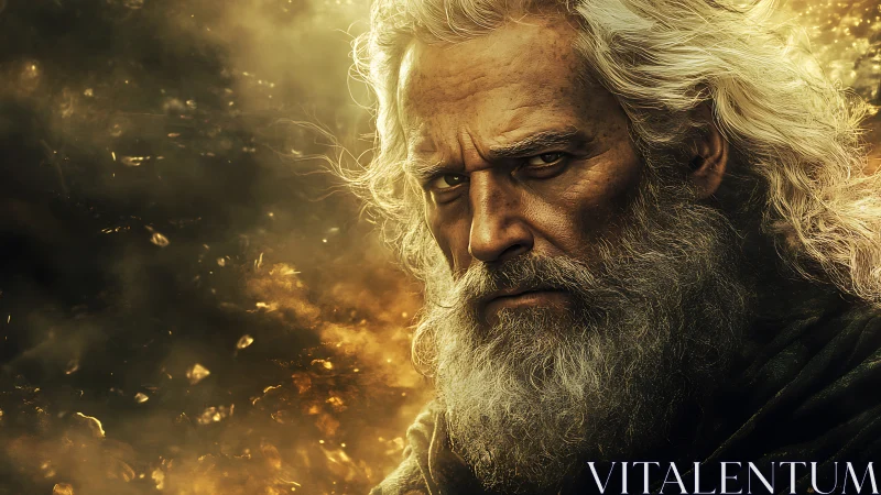 Digital painting of stern elder figure in molten light field.