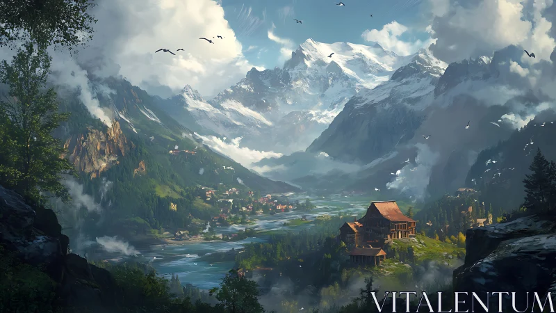 Digital painting of alpine valley with riverside chalets and peaks.