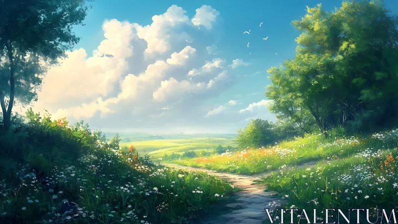 Luminous pastoral path with wildflower meadow and cumulus sky.