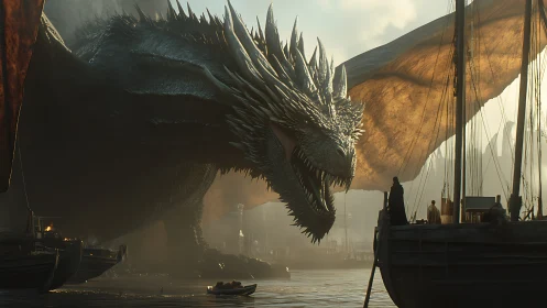 Huge dragon towers over harbor ships in misty fantasy port