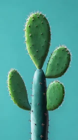 Photorealistic cactus study on minimal teal backdrop, vertical format.