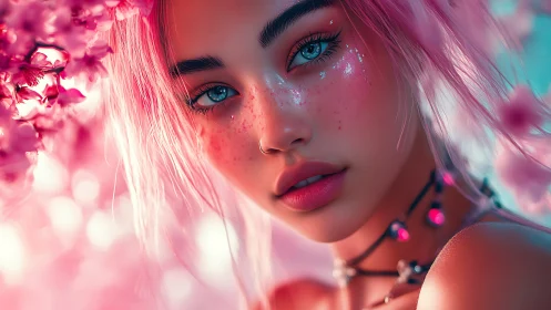 Pink haired digital portrait with floral bokeh glow.