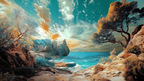 Dreamy turquoise cove embraced by glowing coastal cliffs.