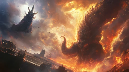 Demonic warlord confronts colossal fire serpent above city