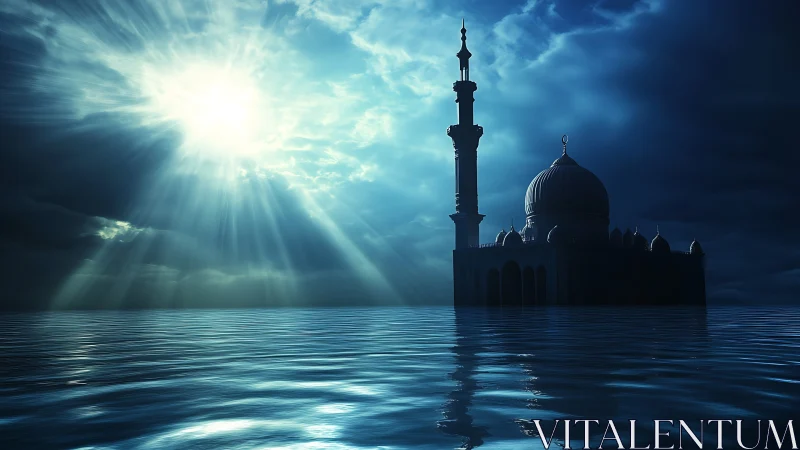 Mosque silhouette in moonlit flood with radiant storm sky.
