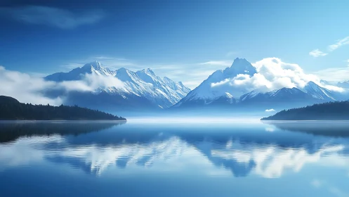 Snow-capped mountains mirror on tranquil blue alpine lake.