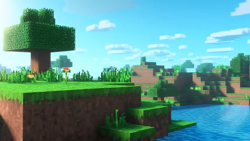 Voxel landscape renders stylized riverside plateau in bright daylight