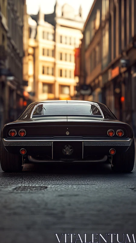 Classic black sports car parked on narrow city street.
