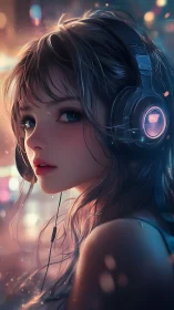 Soft bokeh portrait of headphone listener with neon rim lighting