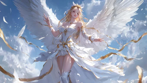 Ethereal winged seraph in luminous skyward composition.