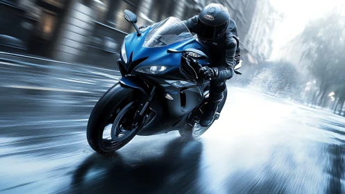 Blue street comet slices through rain-glossed city veins