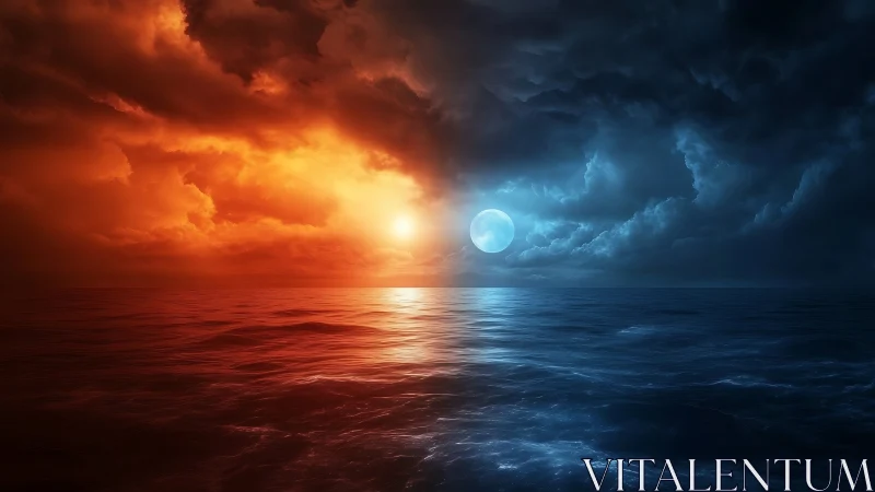 Ocean horizon divides fiery sunset and cool moonlit sky
