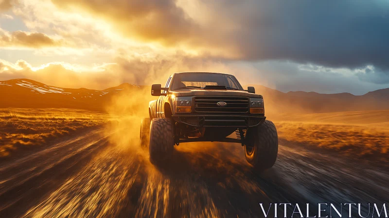 Off-road truck powers through golden desert dust at dusk.