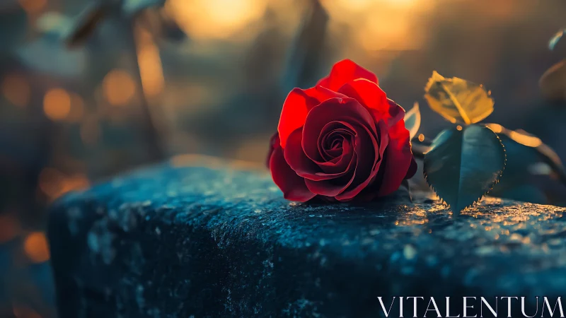 Single red rose on stone surface in shallow focus light.