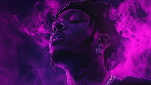 Neon violet portrait in swirling smoke and soft glow.