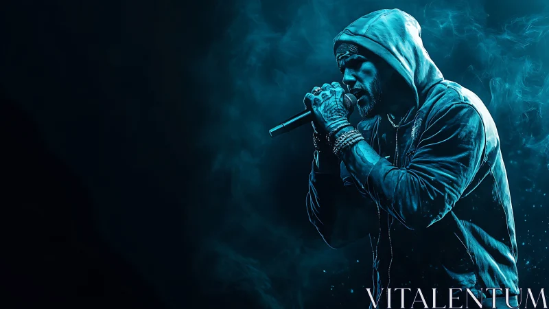 Hooded rapper ignites stage with neon blue smoke energy.