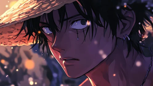 Anime portrait in warm backlight with emotional close-up focus.