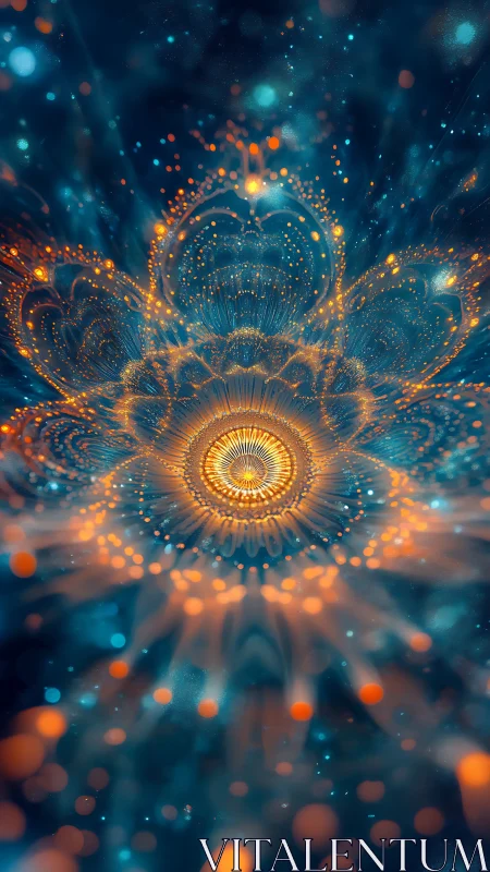 Stellar lotus ignites in teal void with cascading ember halos.