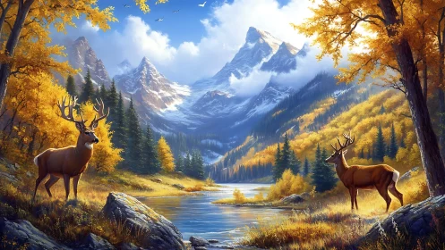 Gentle stags beside a golden river in quiet mountain light.
