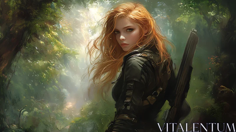 Fearless red‑haired ranger watches over a glowing jungle path