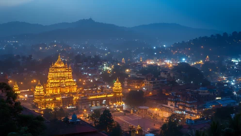 Golden hilltop temple glowing through blue monsoon dusk.