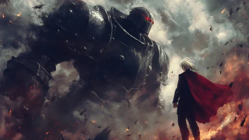 Armored giant confronting cloaked figure in burning haze.