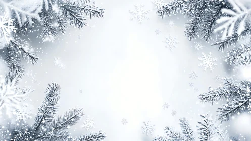 Frosted pine branches quietly frame a drifting snow ballet