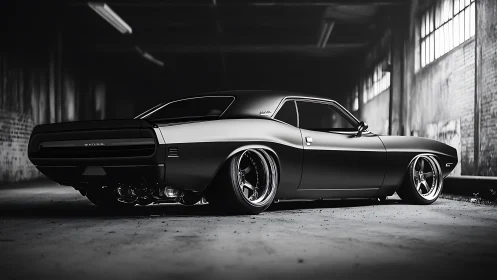 Sleek muscle car crouches in a moody industrial garage