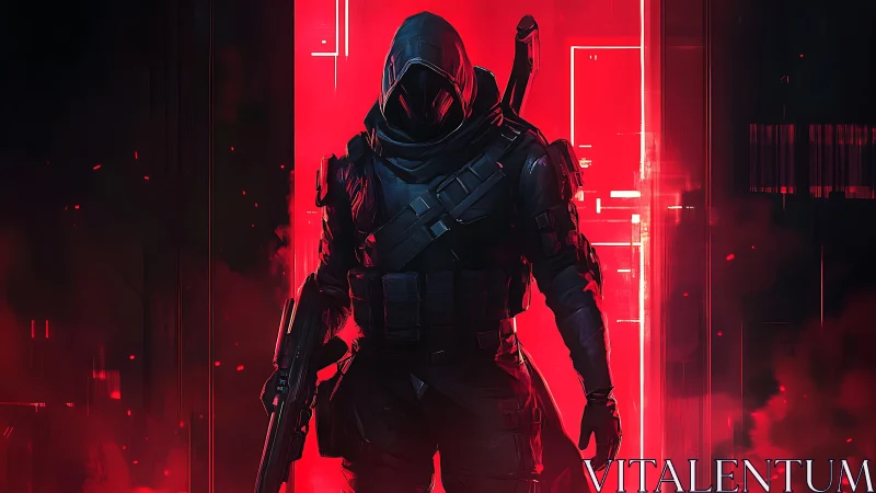 Mysterious cyber warrior steps from a glowing red portal.