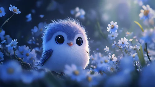 Adorable Fluffy Bird in Dreamy Flower Field, Digital Art Style.