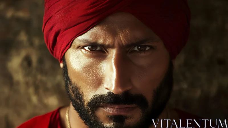 Gaze of embered resolve beneath a crimson wrapped turban.